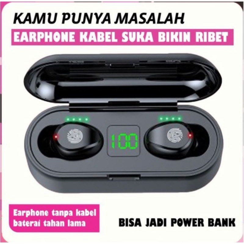 Earphone Headset Handsfree Bluetooth Wireless TWS F9 + bisa jadi powerbank buat Charge [ BES SELLER ]