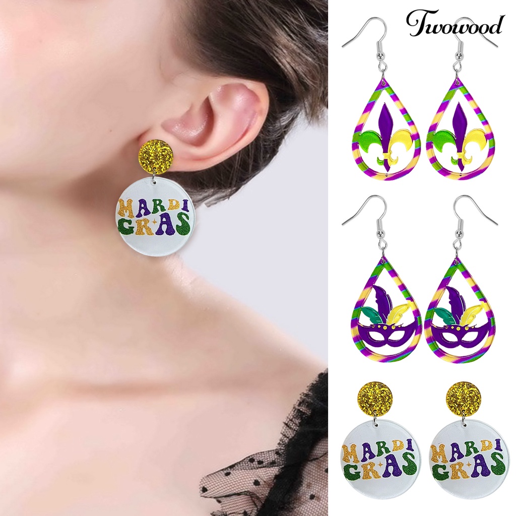 Twowood 1pasang Anting Kait Warna-Warni Glitter Teardrop Merayakan Festival Hollow Penutup Mata Menjuntai Anting Perlengkapan Karnaval