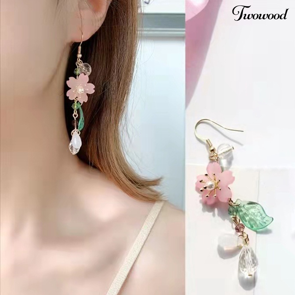 Twowood 1pasang Ladies Earrings Unik Chic Semua Pertandingan Panjang Elegan Hias Logam Bunga Sakura Menjuntai Anting Hadiah