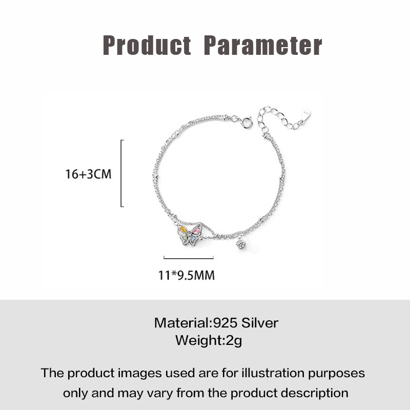 Gelang Double Layer Kupu-Kupu Warna-Warni Perak925 Sterling Silver Asli Untuk Wanita