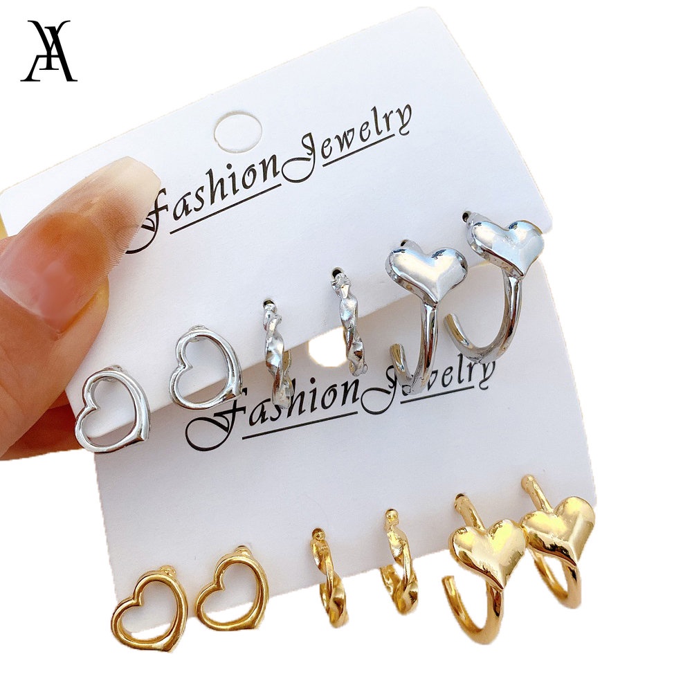 AY(CN) 3 Pasang / Set Anting Stud Bentuk Hati Hollow Warna Emas Silver Gaya Korea Untuk Wanita