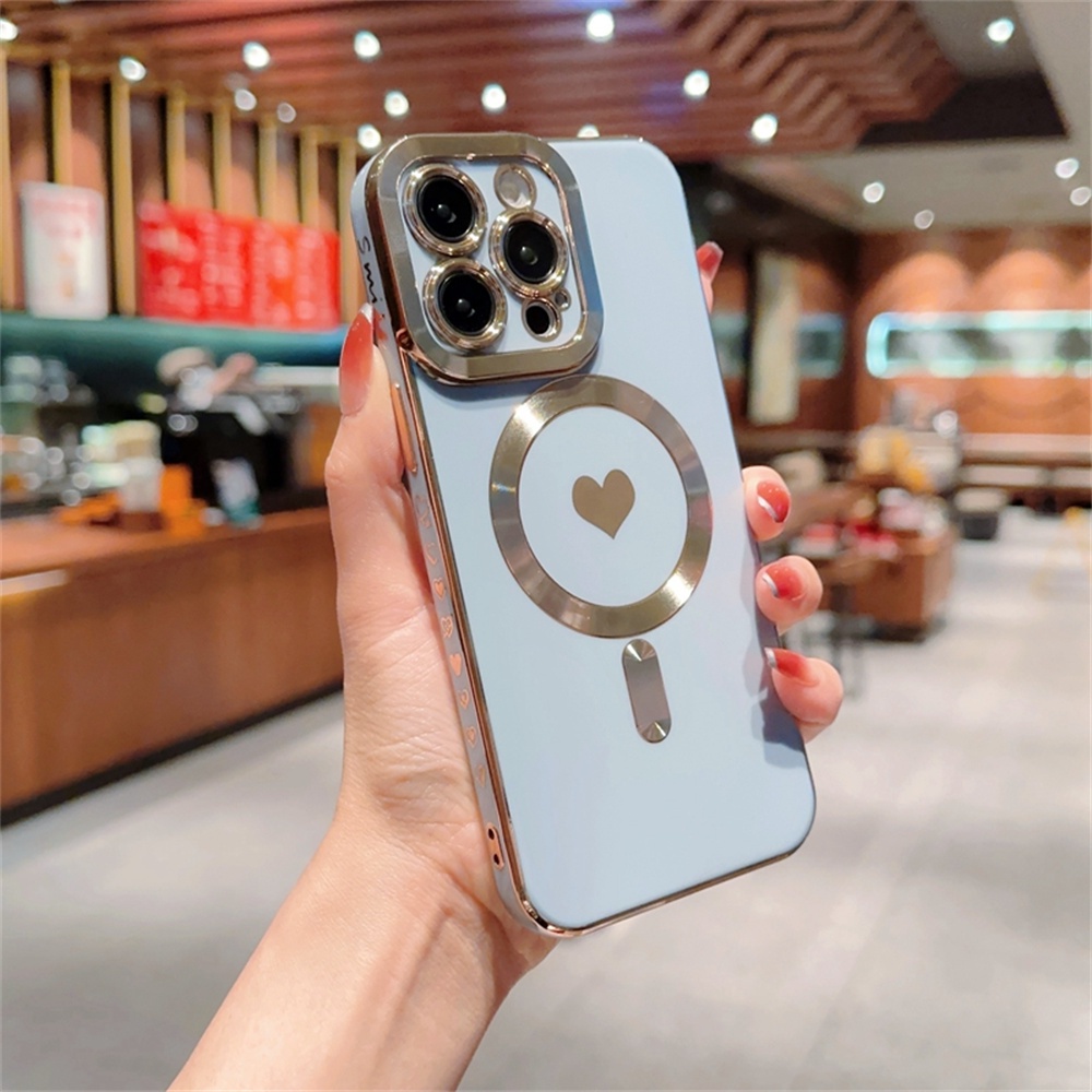 IPHONE Cinta Hati Soft Plating Case Untuk Iphone14 13 12 11 Pro Max Perlindungan Lensa Nirkabel Pengisian Shockproof Penutup Belakang