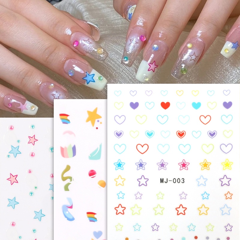 1pc Stiker Kuku Bintang 3D Lucu Pink Biru Cinta Hati Pelangi Planet Awan Manicure Tips Self-Adhesive Slider Nail Art Dekorasi