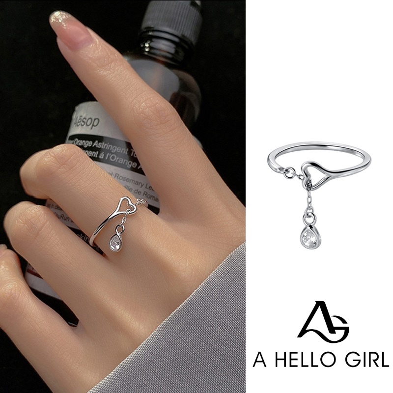 Cincin Open Ring Adjustable Desain Tetesan Air Hollow Hias Kristal / Berlian Imitasi untuk Wanita