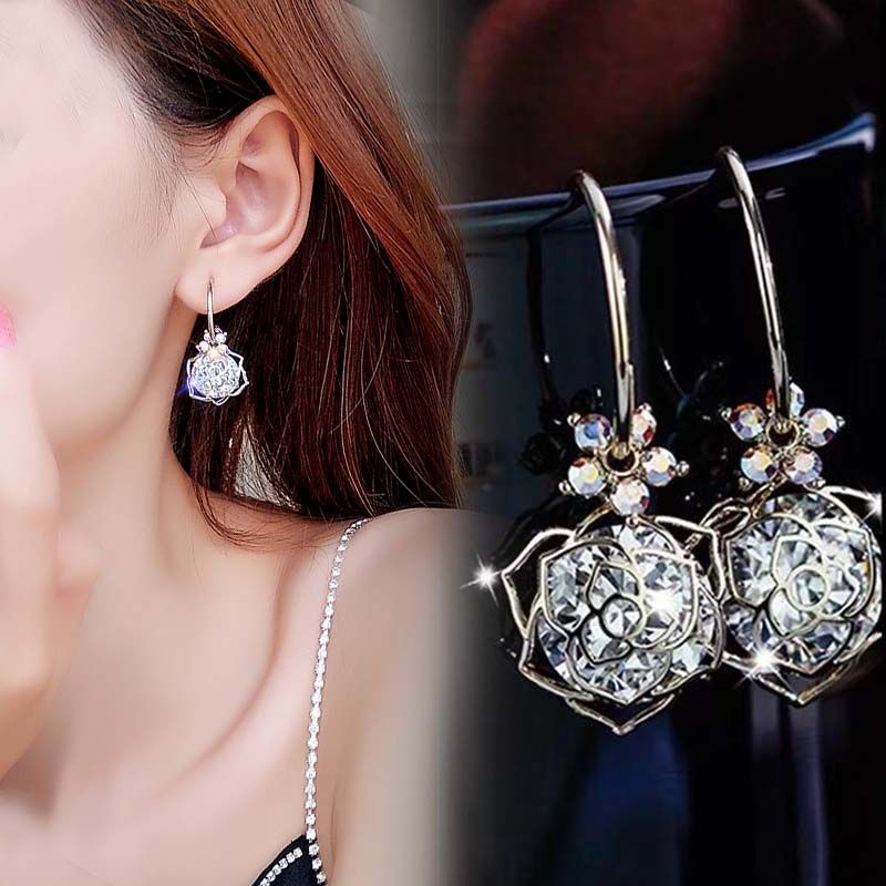 Anting Mawar Zirkon Berongga Influencer Versi Korea High-End Feeling All-Match Trendi Kelas Sederhana