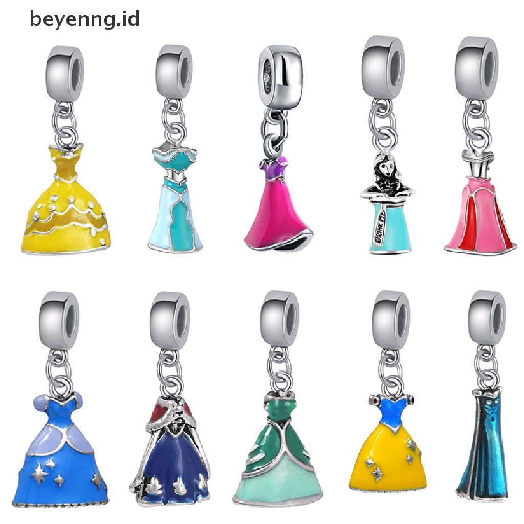 Beyen Princess Dress Manik-Manik Perak Berlapis Lubang Besar Liontin DIY Perhiasan Wanita Aksesori Kreatif Sweetie Enamel Putri Gaun Manik-Manik Perak Berlapis Lubang Besar Pesona Liontin Perhiasan Mak