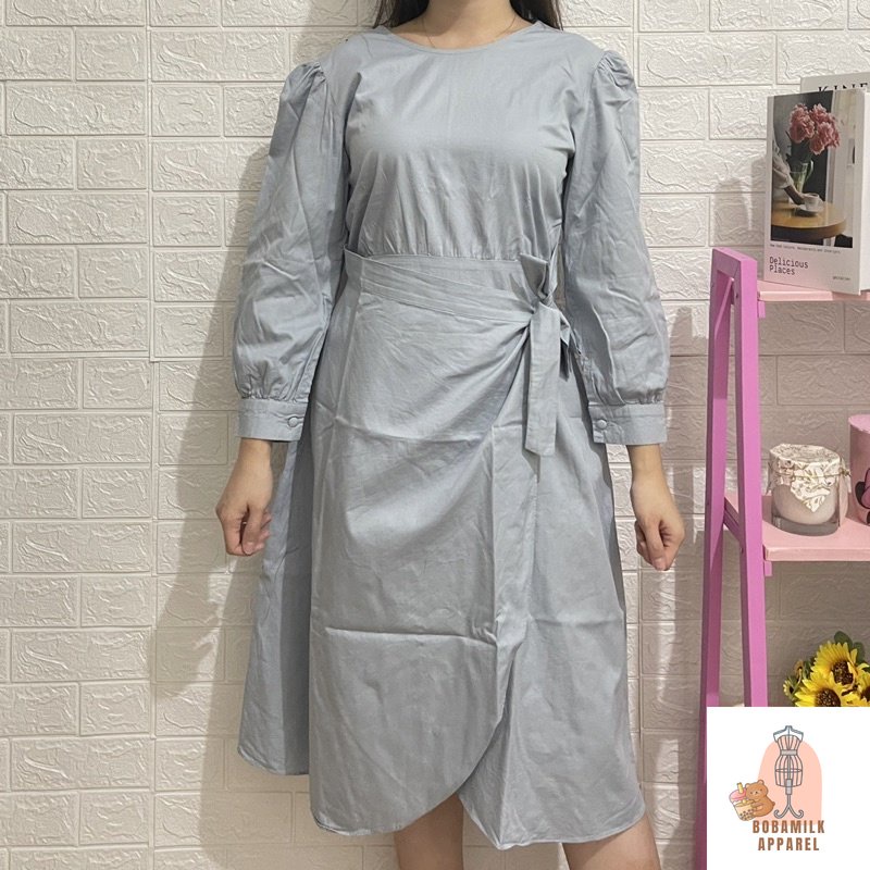 Its Ninette Baby Blue Wrap Midi Long Sleeve Dress Vintage Tied Dress Wanita Preloved