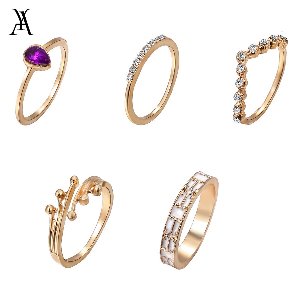 AY(CN) Ifyou 5pcs / Set Cincin Gaya Korea Bentuk Geometri Aksen Zircon + Berlian Imitasi Untuk Perhiasan Wanita