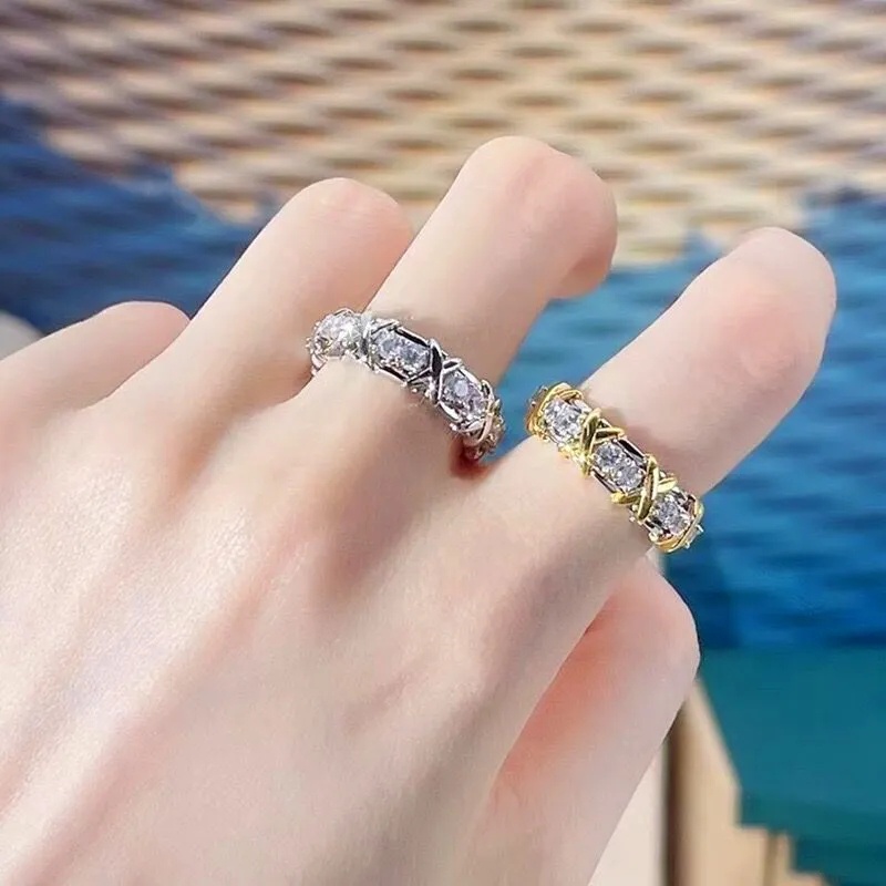 Jari Cincin Populer Klasik Elegan Mewah Pertunangan Hadiah Pernikahan Cincin Pasangan Sederhana Bentuk X Pemisahan Bertatahkan Zirkon Emas Rings Indah Fashion