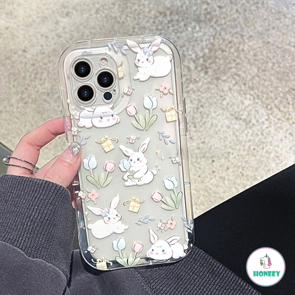 Cute Floral Flowers Rabbit Tebal Casing Ponsel Untuk iPhone 14 Pro 13 12 11 Pro Cover Silikon Lembut Indah Bumper Ponsel Bening Penutup Belakang