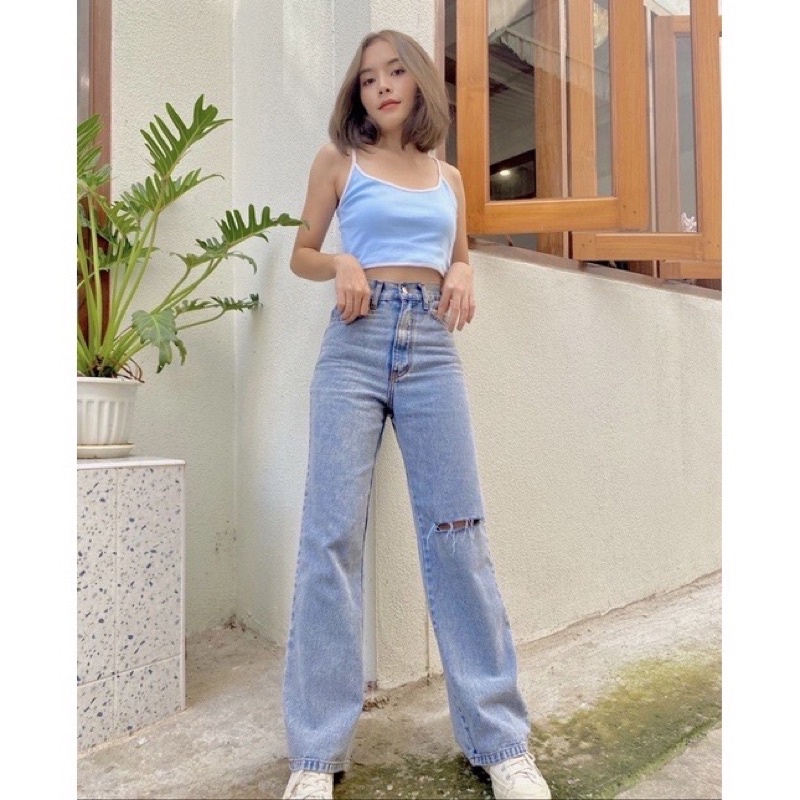 CELANA HIGHWAIST KULOT LOOSE JEANS WANITA SOBEK LUTUT