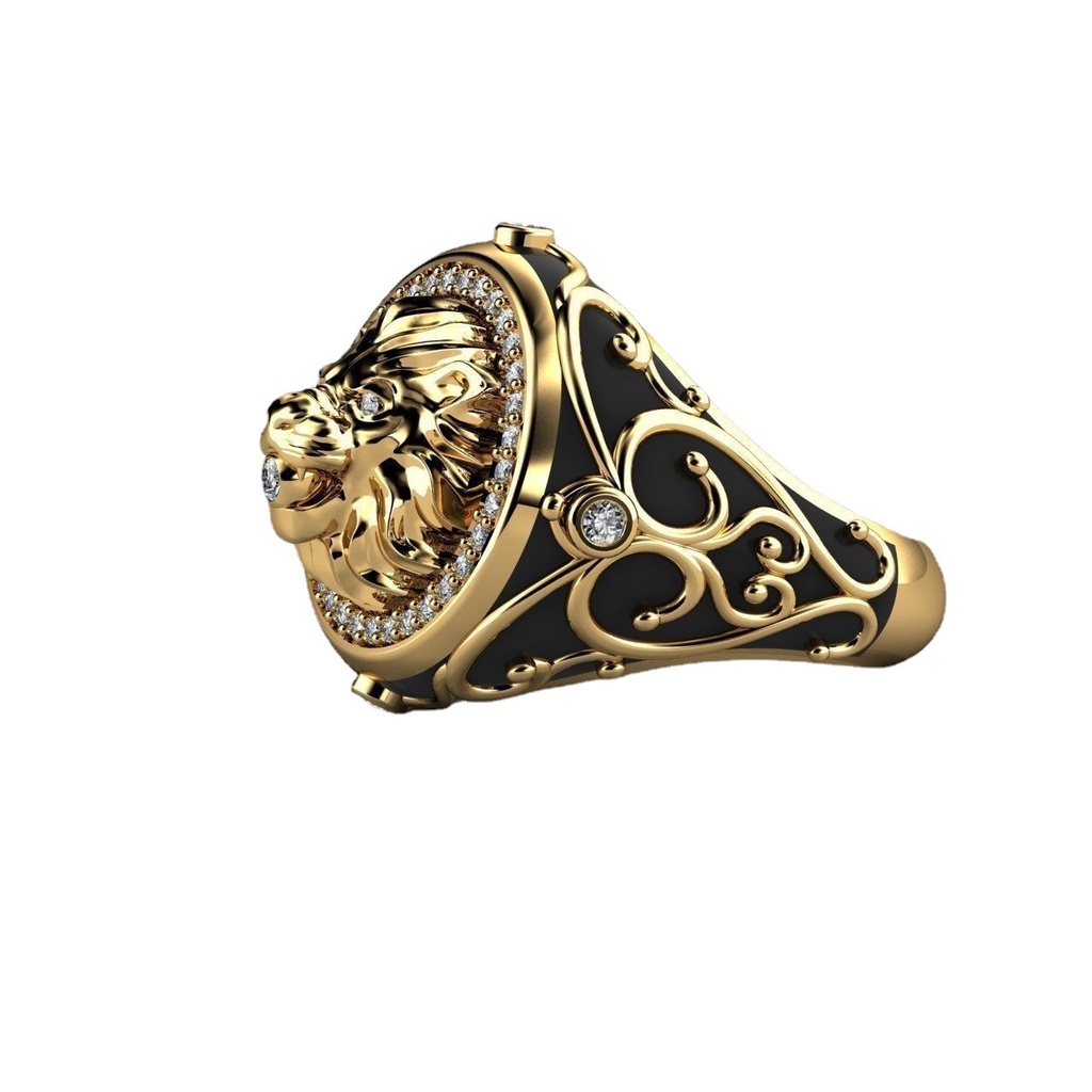 Goldkingdom Aksesoris Perhiasan Fashion Ready Stock Berlian Lion Ring Punk Berlapis Emas Asli Kadar 375 Cincin Pertunangan Untuk Pria Dan Wanita