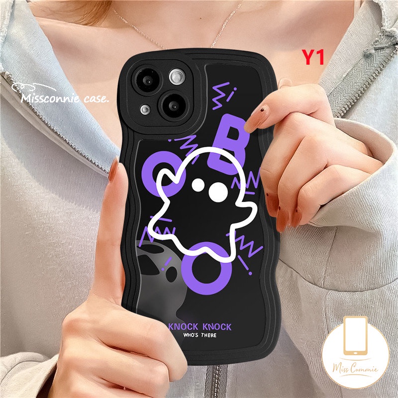 Casing Tepi Bergelombang Kompatibel Untuk iPhone 7Plus 11 Pro Max XR X XS Max 6s 7 8 6 14 Plus 13 11 12 14 Pro Max SE 2020 Kreatif Hantu Lucu Hitam Lembut Tpu Penutup Belakang