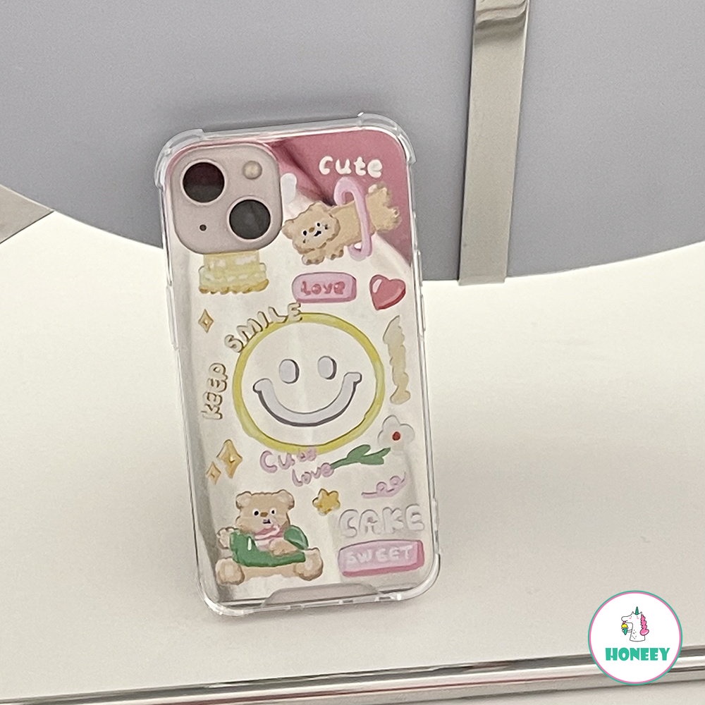 Casing Ponsel Cermin Smiley Beruang Lucu Gaya Korea Kompatibel Untuk IPhone 14 Pro Max12 13 Pro Max11 Lembut Anti-Drop Phone Back Cover