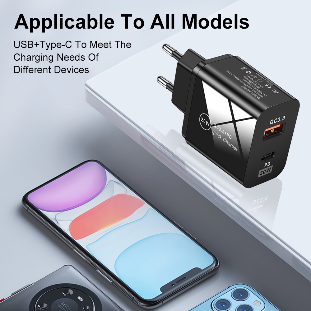 20w QC3.0 Pengisian Cepat PD Adoptor Charger Android USB-A+Type-C Dual-Port Standard Charging Adapter Charger Untuk Handset