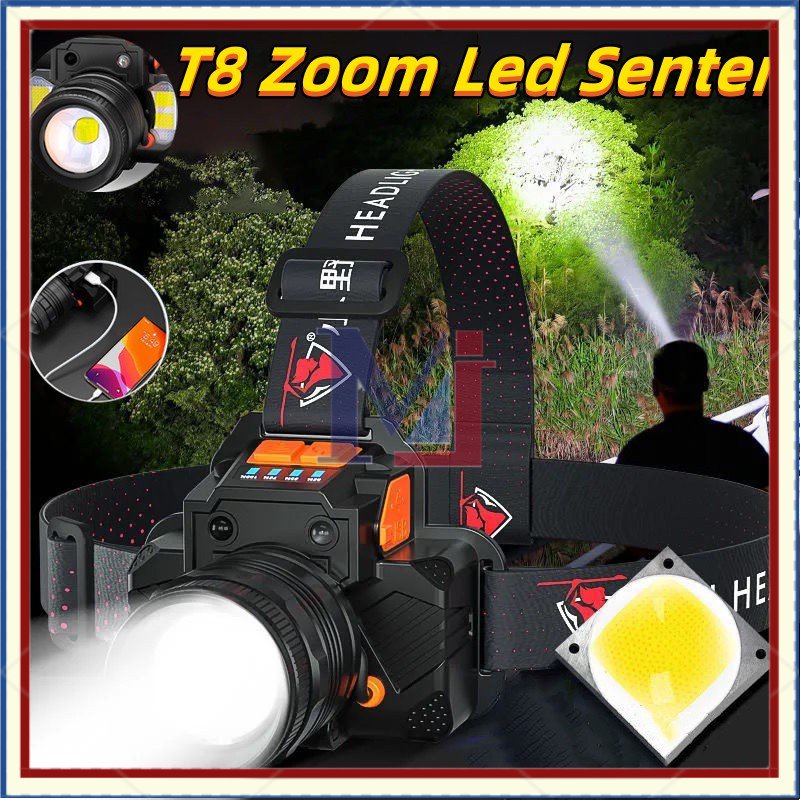 【COD】Senter Kepala Led T8 Zoom Led Senter Super Terang Anti Air Headlamp Rechargeable Waterproof Dengan Sensor ORI