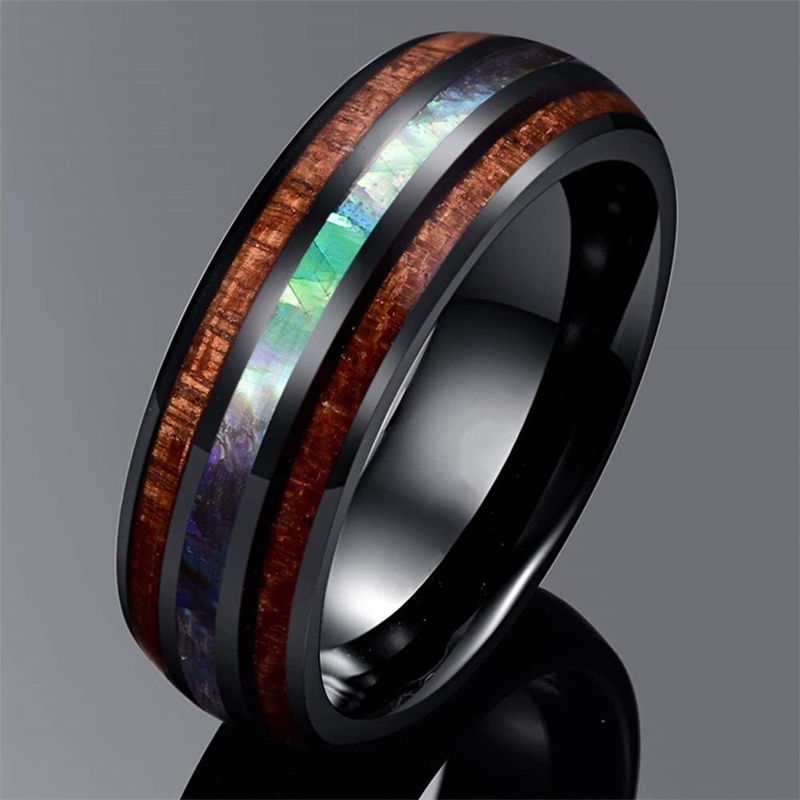 Pria Wanita Kepribadian Fashion Kayu Barel Stainless Steel Cincin Serat Kayu Hitam Bertatahkan Kepribadian Pertunangan Pernikahan Ring