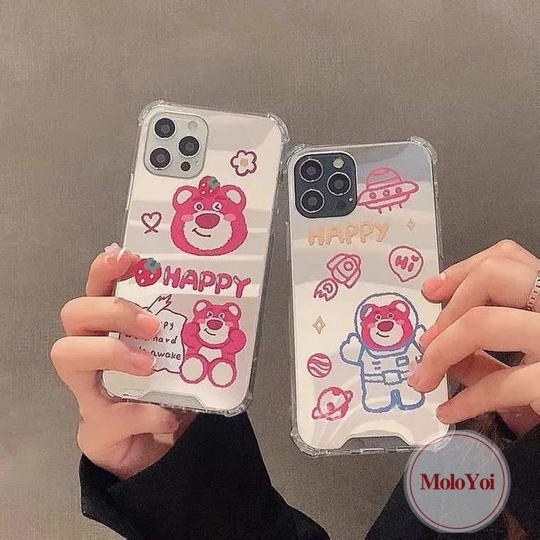 IPHONE Kartun Astronot Manyo Make Up Cermin Ponsel Case Kompatibel Untuk Iphone11 13 12 Pro MAX XR 7plus 78 Plus X XS MAX SE 2020 Beruang Strawberry Lucu Shockproof Soft Cover