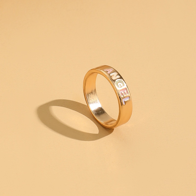 Fashion Eropa Dan Amerika Sederhana Dan Indah Cincin Wanita Ins Gaya Warna Tetesan Minyak Surat Malaikat Ring