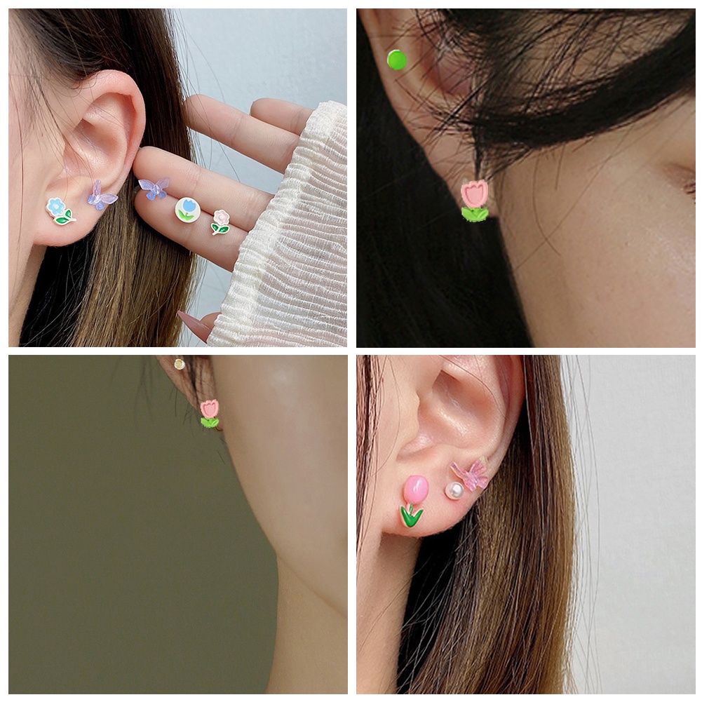 6pasang Paduan Anting Tulip Hati Kupu-Kupu Bunga Stud Earrings Set Untuk Wanita Perempuan Chic Perhiasan Telinga