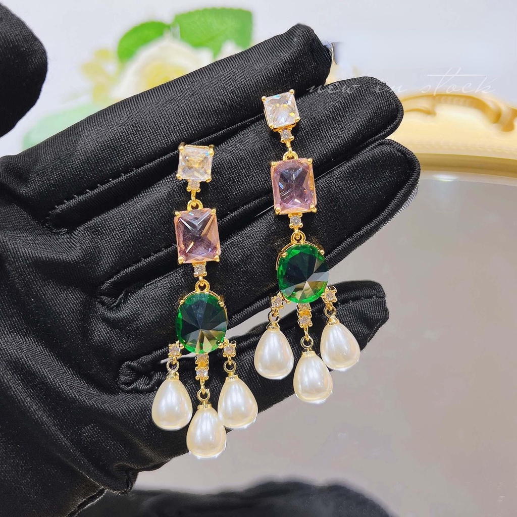 Goldkingdom Aksesoris Perhiasan Fashion Ready Stock French Vintage Streaming Warna-Warni Anting Mutiara Imitasi Berlian Hijau Harta Karun Warna-Warni Anting Panjang Perempuan