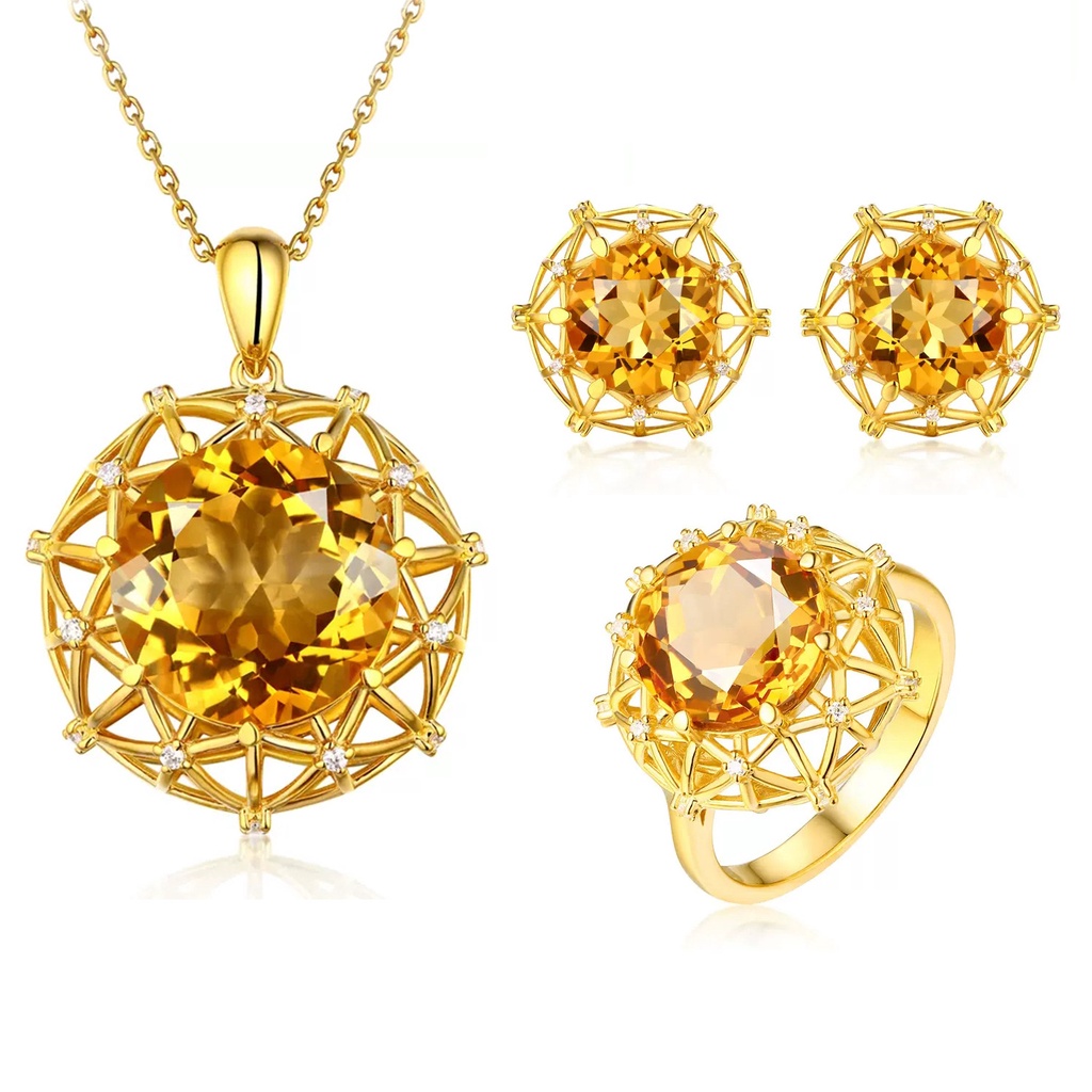 Goldkingdom Aksesoris Perhiasan Fashion Ready Stock 10karat Kebesaran Citrine Cincin Desain Sarang Burung Liontin Berwarna Harta Karun Stud Anting Berlian Set