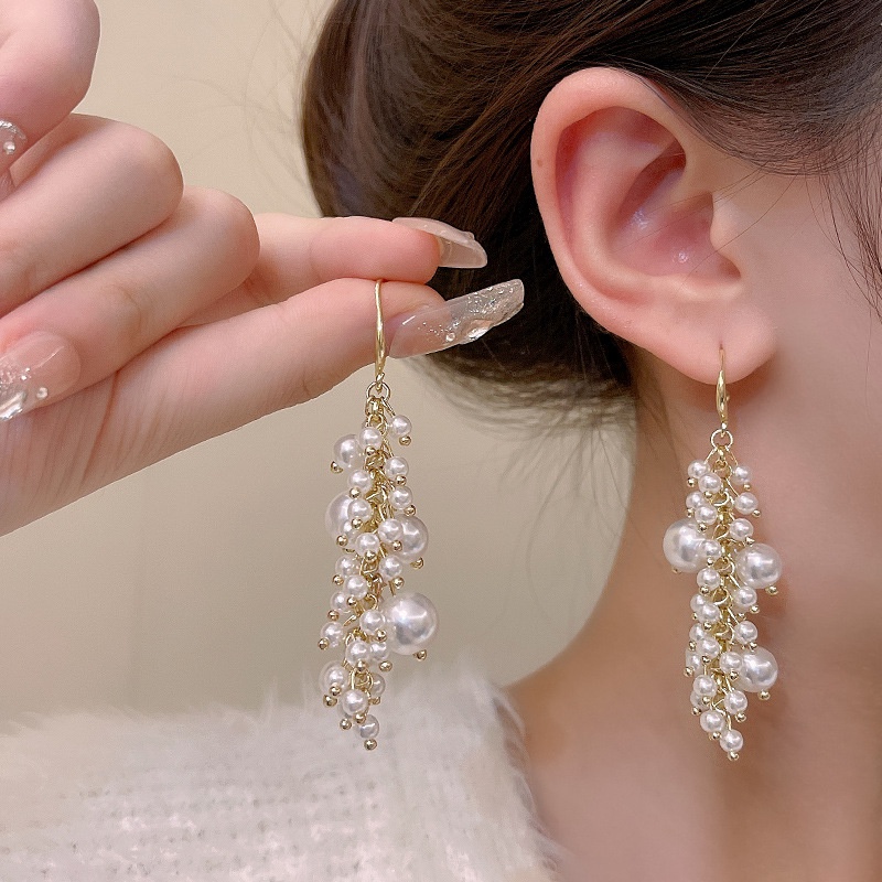 Cahaya Mewah Fashion Sederhana Korea Baru Berlebihan Anting Mutiara Rumbai Panjang Perempuan