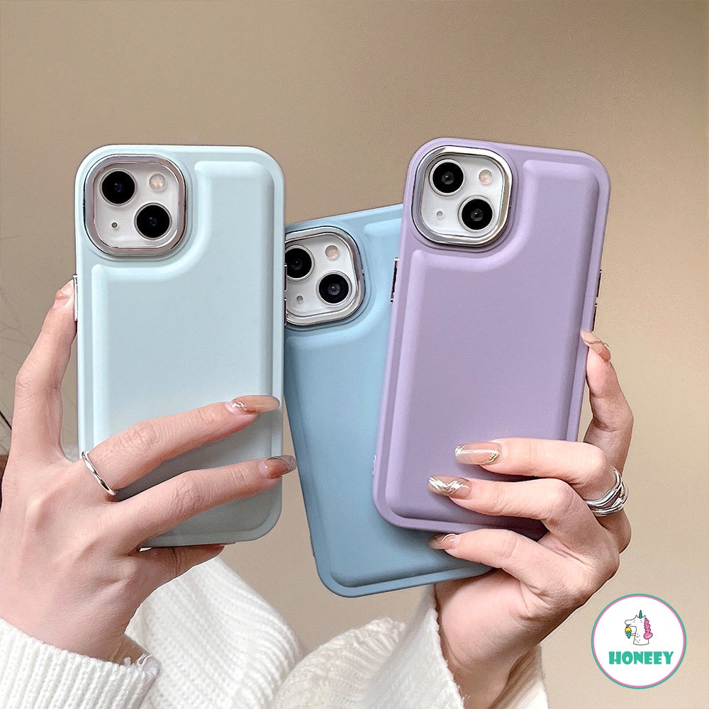 IPHONE Casing Ponsel Lensa Kamera Plating Warna Solid Kompatibel Untuk Iphone11 12 13 14 Pro Max Bantal Udara Silikon Shockproof Soft Cover