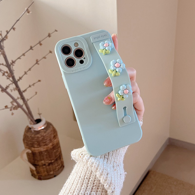 Diy Bunga Soft Case iP Iphone7 8 Plus X XR SE 2020 XS Max11 12 13 14 Pro Max14 Plus 7+ 8+Tali Pergelangan Tangan Lucu Biru Hand Made Diy Case