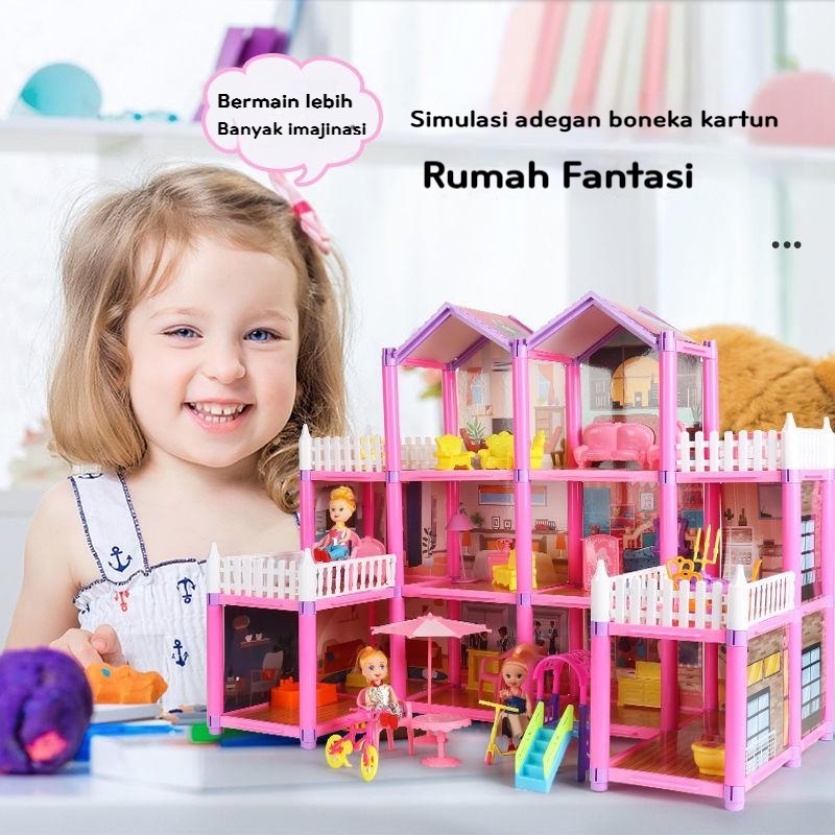 COD 105Pcs/126Pcs/162pcs Permainan Anak-anak Rumah Mainan Rumah Boneka Villa Kastil Putri Setelan Gadis simulasi Dirakit Rumah DIY Hadiah/Mainan Dream Castle Rumah Boneka DIY