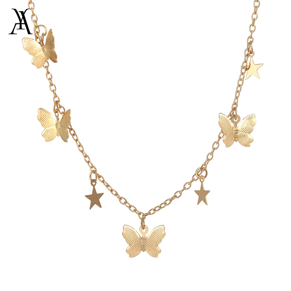 AY(CN) Kalung Rantai Choker Liontin Butterfly Star Warna Gold Silver Gaya Korea Untuk Wanita