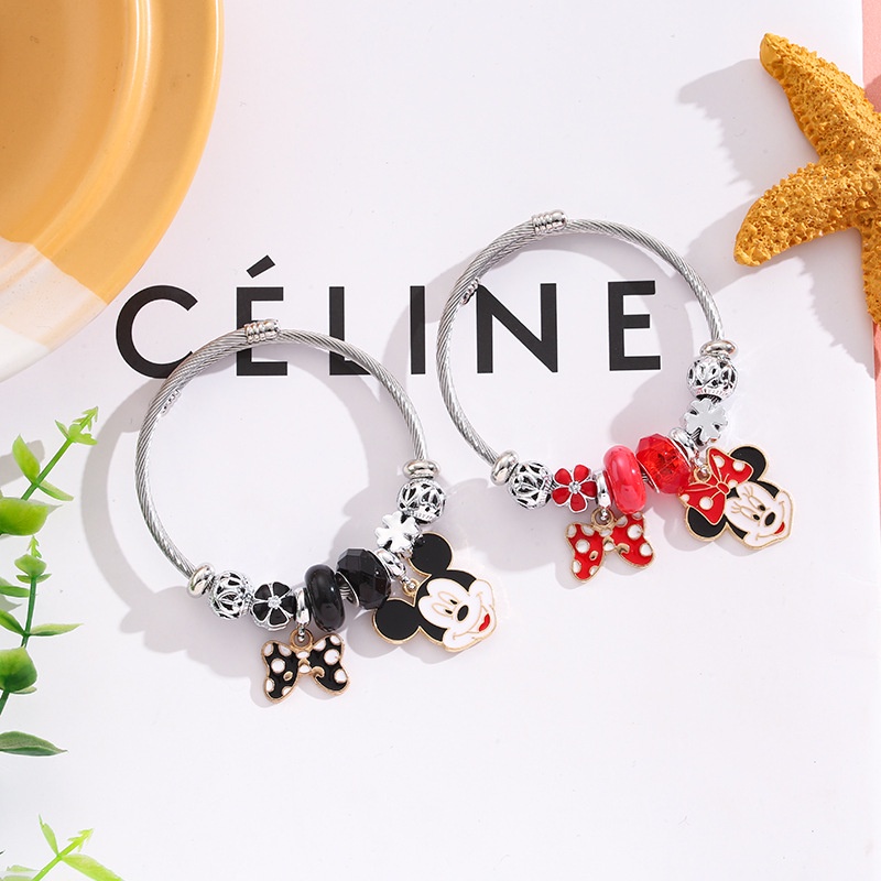 XiaoboACC Kartun Mickey Minnie Liontin Stainless Steel Adjustable Non Tarnish Open Beads DIY Gelang