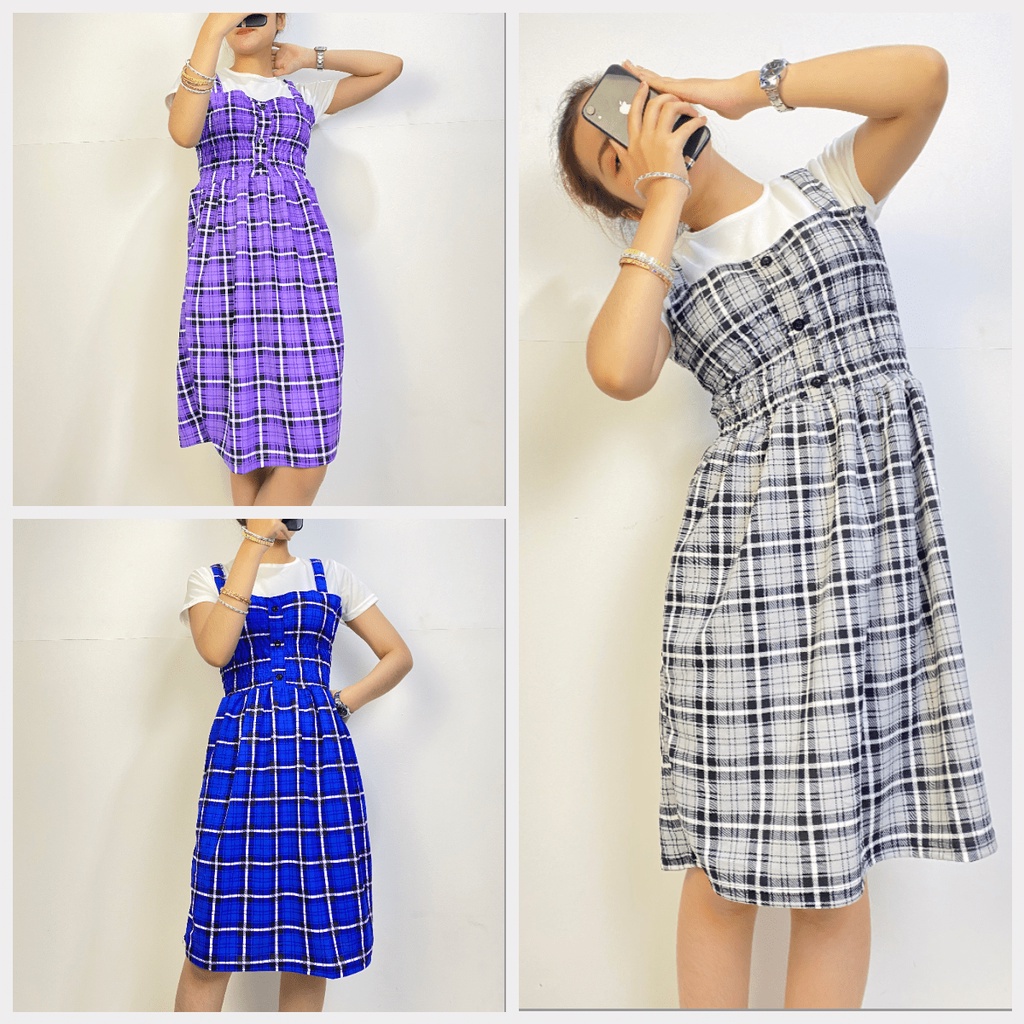 ilook | Kara Midi Dress | Dress Korean Motif Kotak | Midi Dress Korean Style