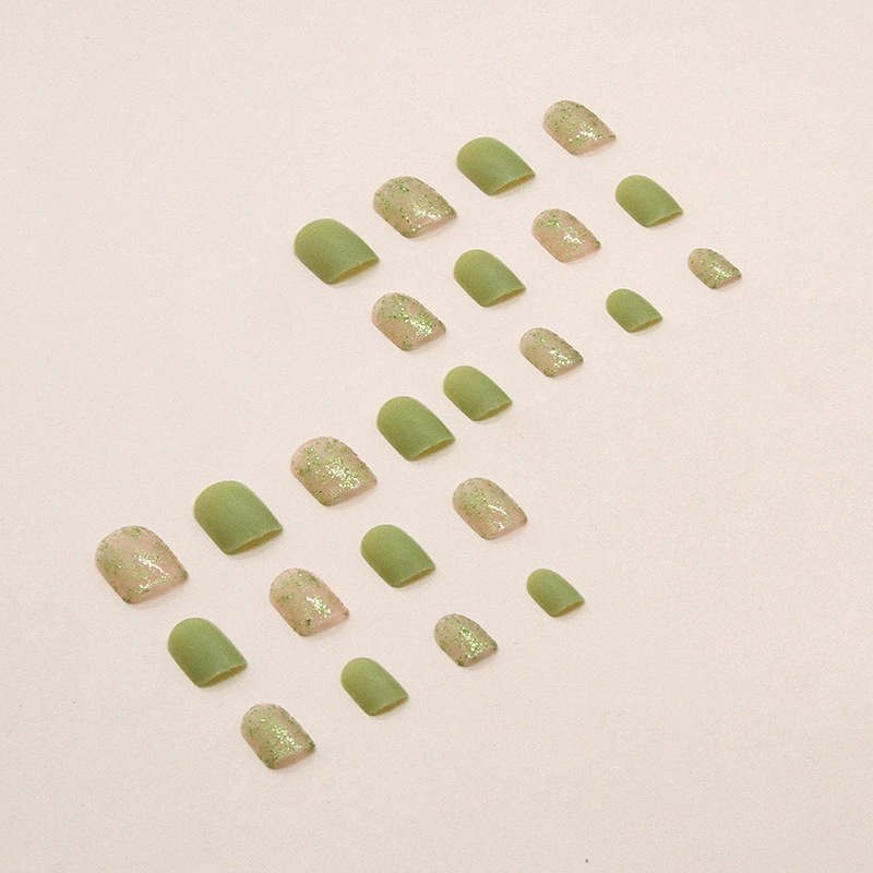 New Spring Matte Green Shiny Shards Fake Nails Paku Palsu Persegi Isi 24pcs/box R742