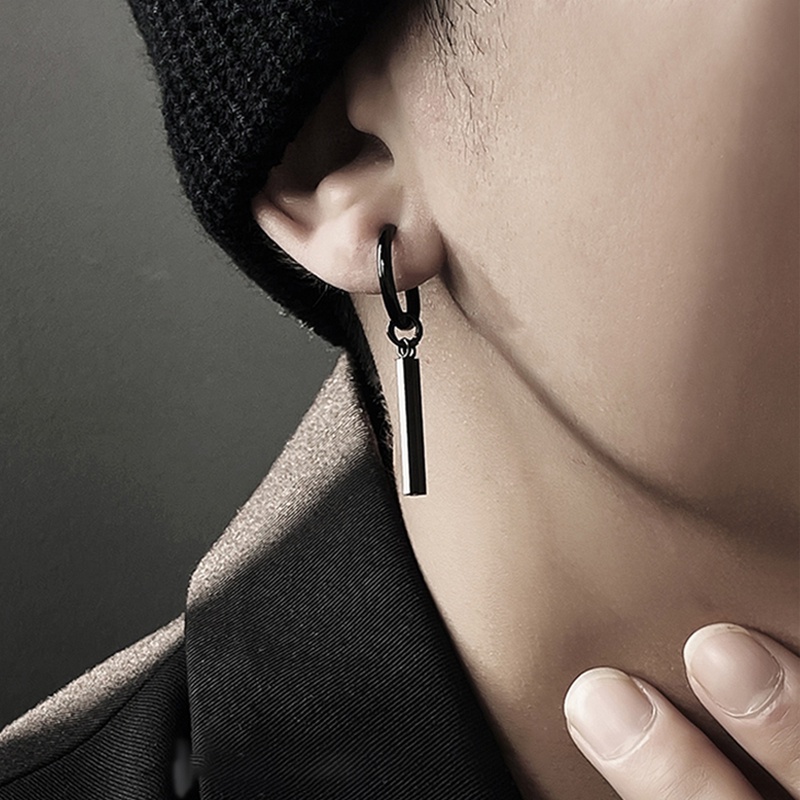 Anting Rumbai Hip Hop Hitam Silver Titanium Steel Unisex (1pcs)