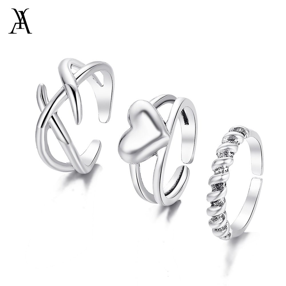 AY(CN) 3Pcs/set Elegant Heart Cross Ring Set for Women Adjustable Opening Silver Rings Jewelry Accessories