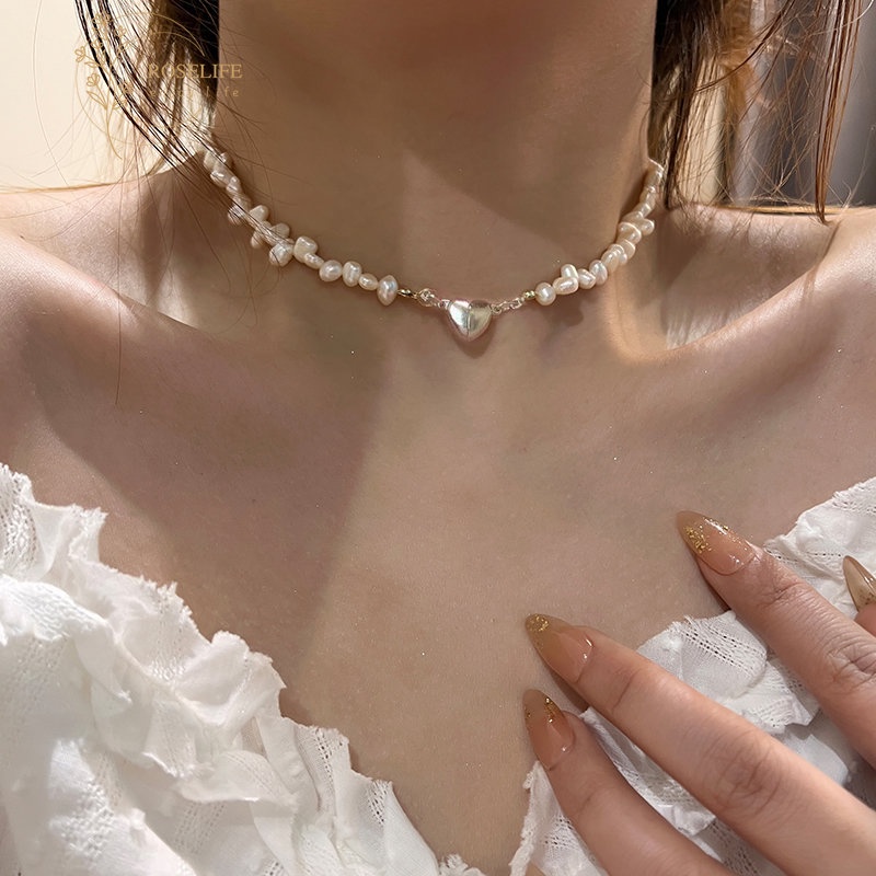 Roselife Vintage Baroque Pearl Beads Choker Perak Magnetik Jantung Pesona Pendek Kalung Untuk Wanita Gadis Elegan Tulang Selangka Rantai Kalung Pertunangan Makan Pesta Perhiasan