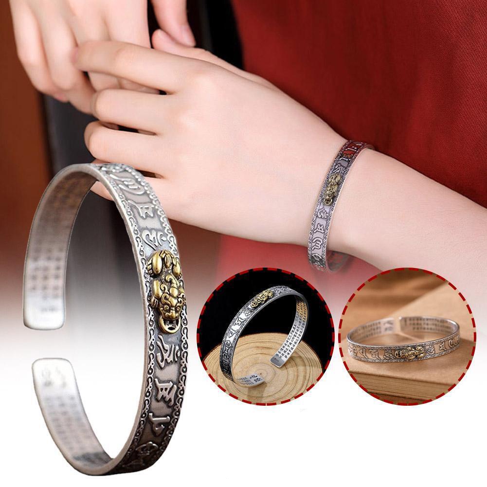 Vintage Perak Pembukaan Adjustable Lucky Bangle Pixi Gelang Dengan Enam Karakter Kenyataan Untuk Menarik Kekayaan Dan Berkah Mengirim Pria Dan Wanita Teman Liburan Hadir Perhiasan