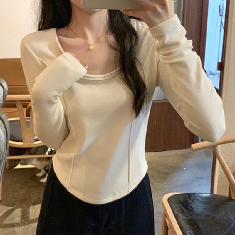 Red Dua Sisi Disikat Lembut Lilin Beludru Kemeja Wanita Musim Gugur dan Musim Dingin Dalam Kerah Persegi Tulang Ikan Tepi Busur lengan Panjang T-shirt Hangat Top