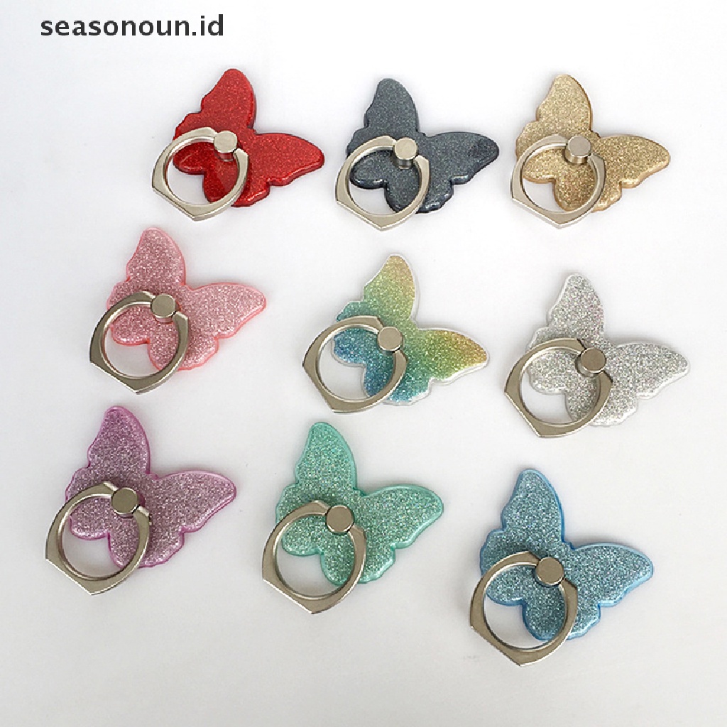 Seasonoun Phone Ring Stand holder Butterfly Bling Glitter Universal Dudukan 360derajat.