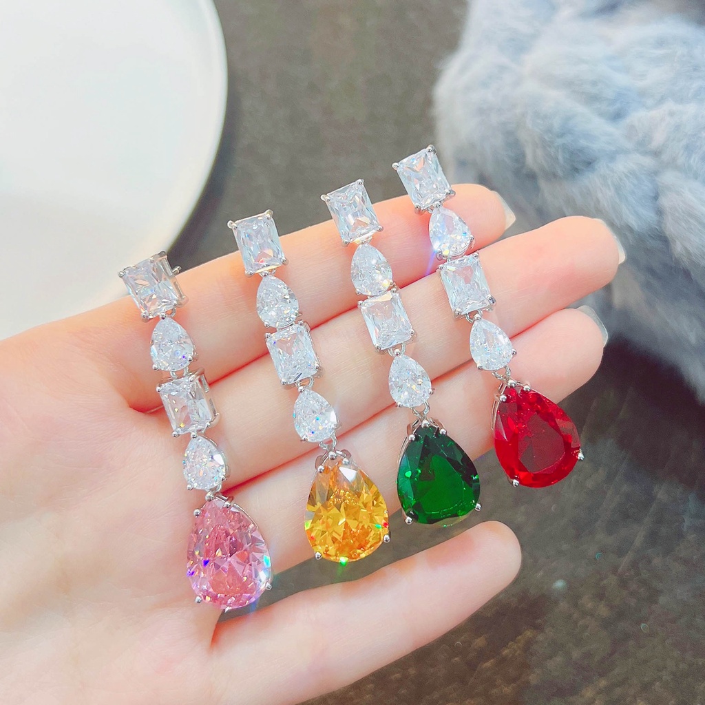 Goldkingdom Fashion Perhiasan Aksesoris Ready Stock INS Net Selebriti Fashion Vintage Warna Model Imitasi Argyle Pink Gemstone Emerald Anting Besar