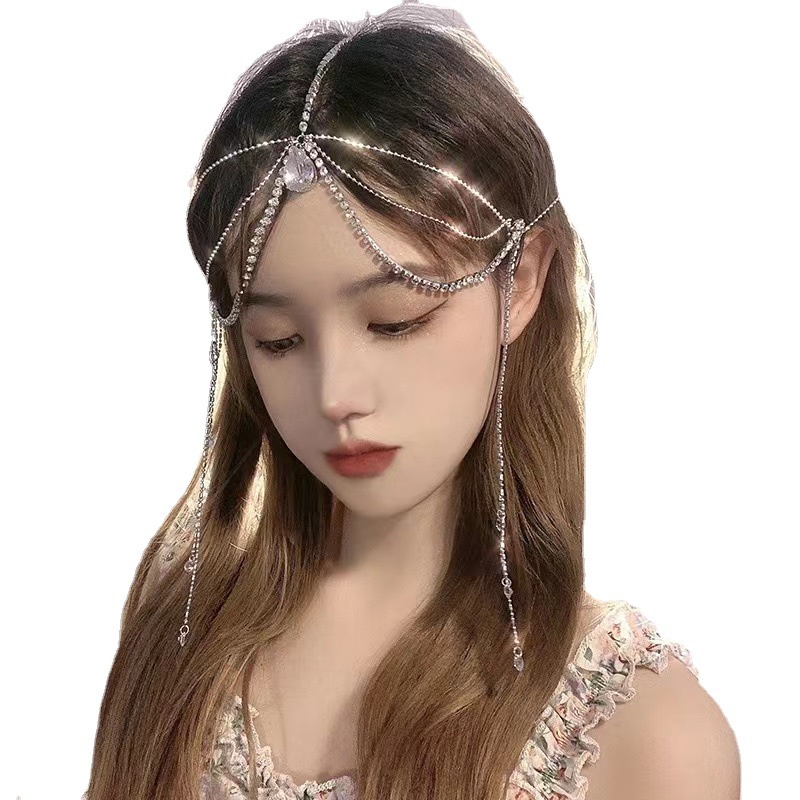 Headpiece Rumbai Tetes Air Gaya Kuno Untuk Hiasan Dahi Hairwear Pengantin Wanita Hanfu Aksesoris Rambut