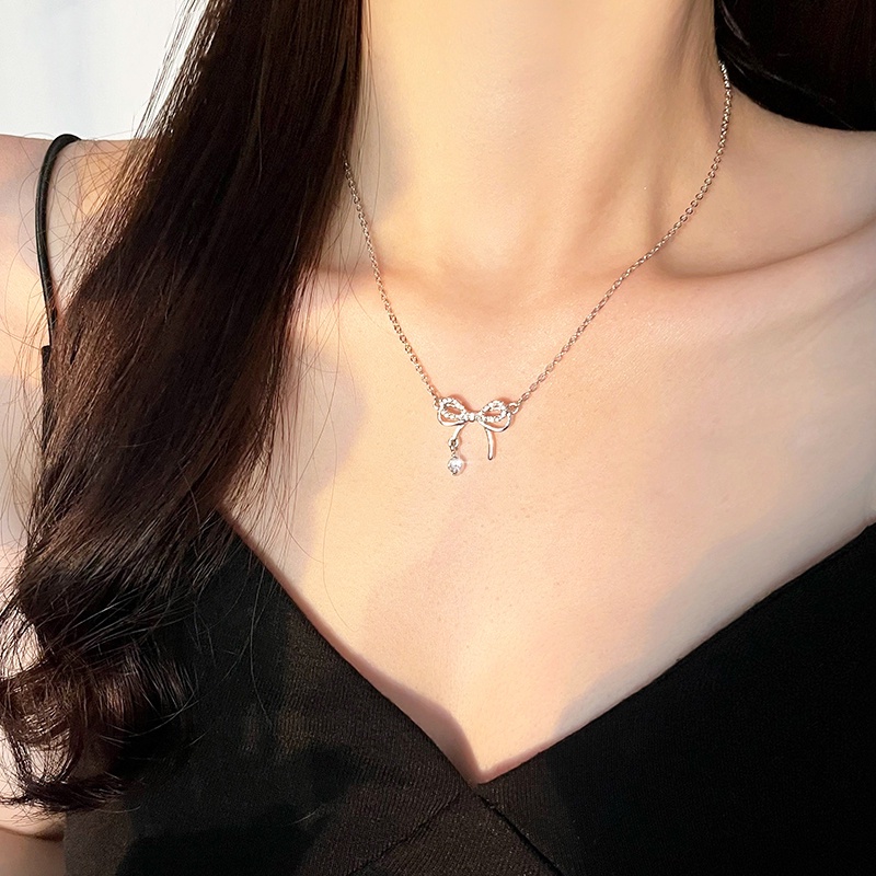Papaozhu Chic Bersinar Zirkon Busur Stud Anting Kalung Untuk Wanita Gadis Bergaya Berongga Berkilau Ikatan Simpul Anting Temperamen Perhiasan Leher
