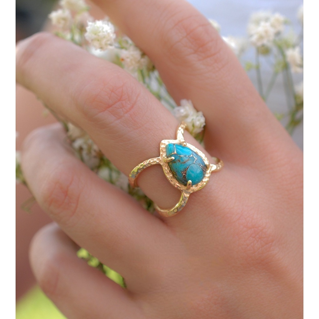 Goldkingdom Fashion Perhiasan Aksesoris Ready Stock Eropa Dan Amerika Mewah Bertatahkan Tetesan Air Pear Shaped Turquoise Ring Untuk Wanita Pesta Pertunangan Ring