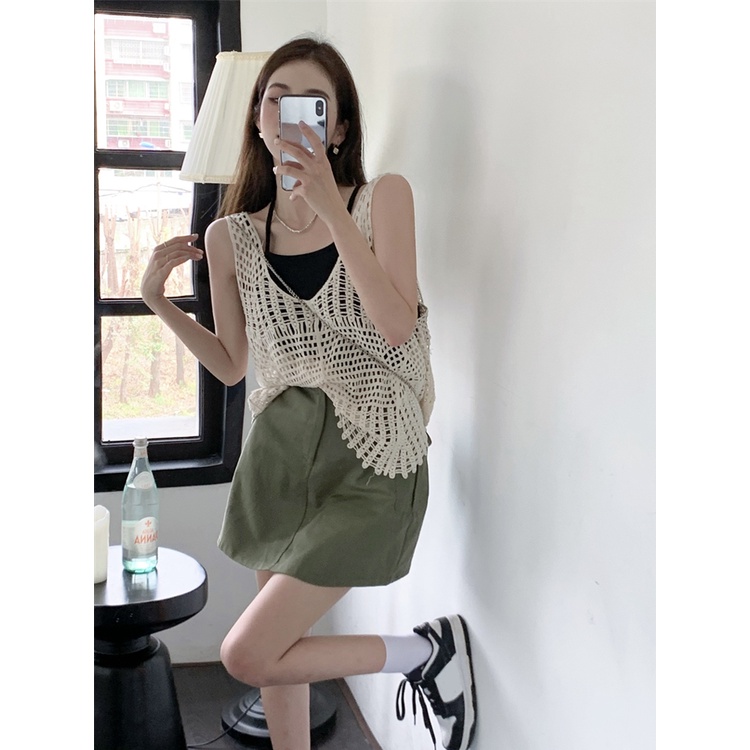 Red Setelan Retro Wanita Tanpa Lengan Berongga Merajut Rompi Overshirt Kecil Yang Indah Sling Musim Panas Ramping Rok Set Tiga Potong