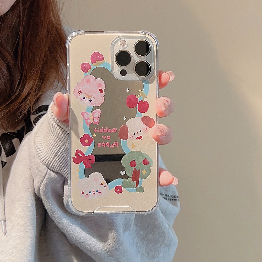 Cute Strawberries Girl Kartun Make Up Mirror Silicone Case Untuk Iphone SE 2020 7 /8 Plus 14x XR XM 11 12 MINI 13 PRO MAX Casing Cover Pelindung AT0078