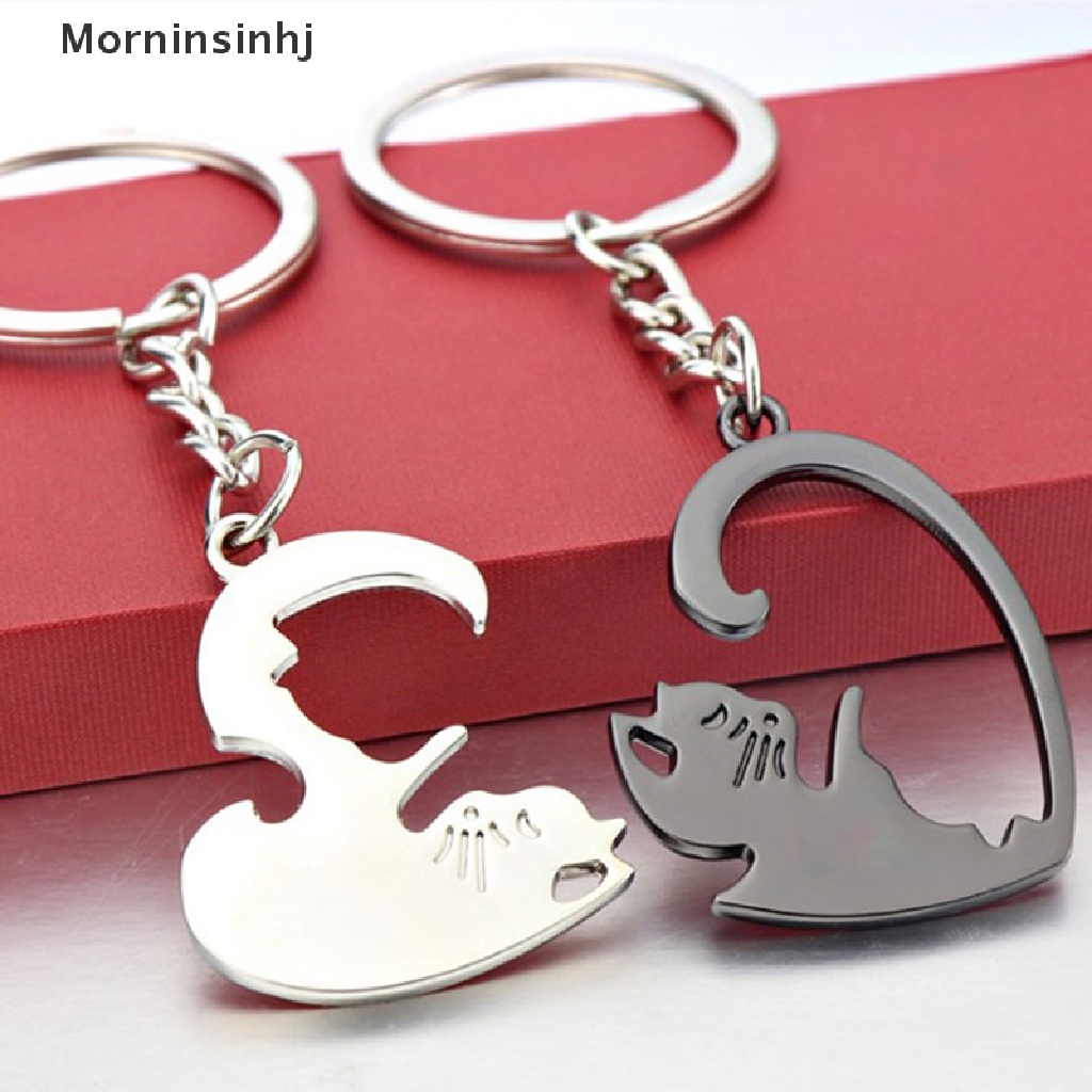 Mornin 2pcs Lucu Kucing Hitam Gantungan Kunci Patchwork Hati Bulat Pasangan Pecinta Keyring Stainless Steel Ransel Kunci Mobil Gantungan Perhiasan id