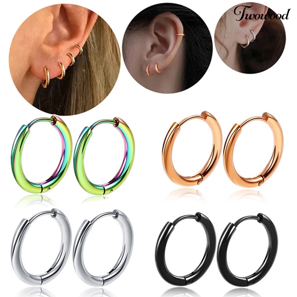 Twowood 1pasang Anting Hoop Stainless Steel Geometris Elegan Dipoles Warna Perak Anting Lingkaran Logam Fashion Perhiasan