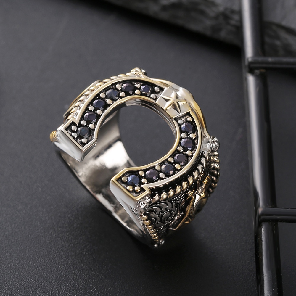 Goldkingdom Aksesoris Perhiasan Fashion Ready Stock Western Spirit Horseshoe Ring Denim Boots Berlapis Emas Nada Ganda Berlian Celup Hitam Pria Cincin