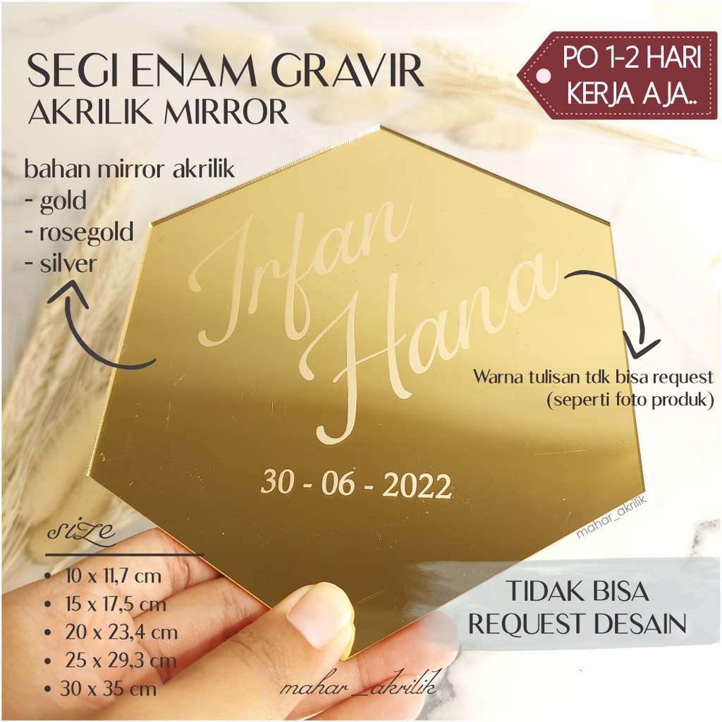 Segi Enam Grafir Nama Akrilik Mirror Gold/Rosegold/Silver l Ukir Nama Model Segi Enam Hiasan Mahar S